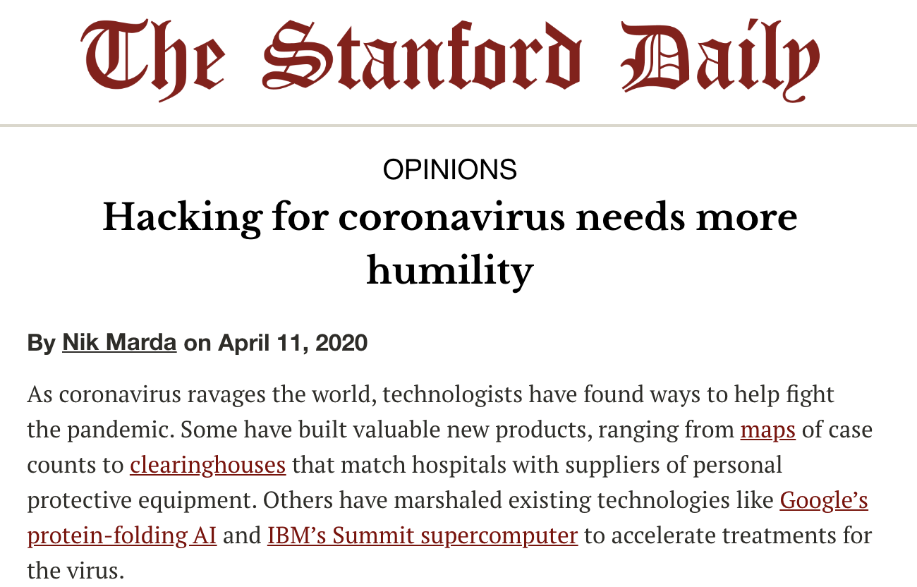 Image of a Stanford Daily op-ed called 'Hacking for Coronavirus needs more humility'